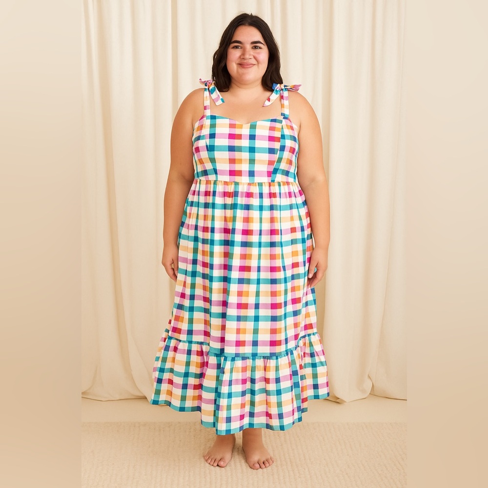 SHEIN Curve Tiered Smocked Maxi Dress Prairie Size 4XL Tie Straps Gingham Fall